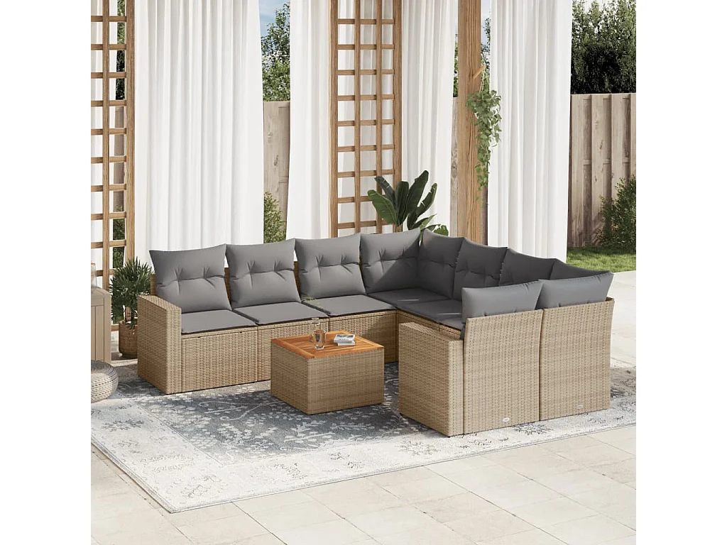 Salon de jardin avec coussins 9 pcs beige résine tressée