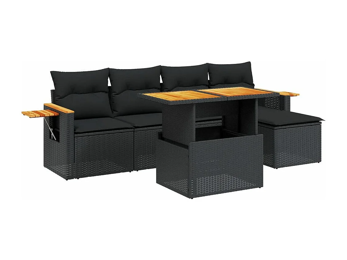 Salon de jardin 6 pcs avec coussins noir résine tressée