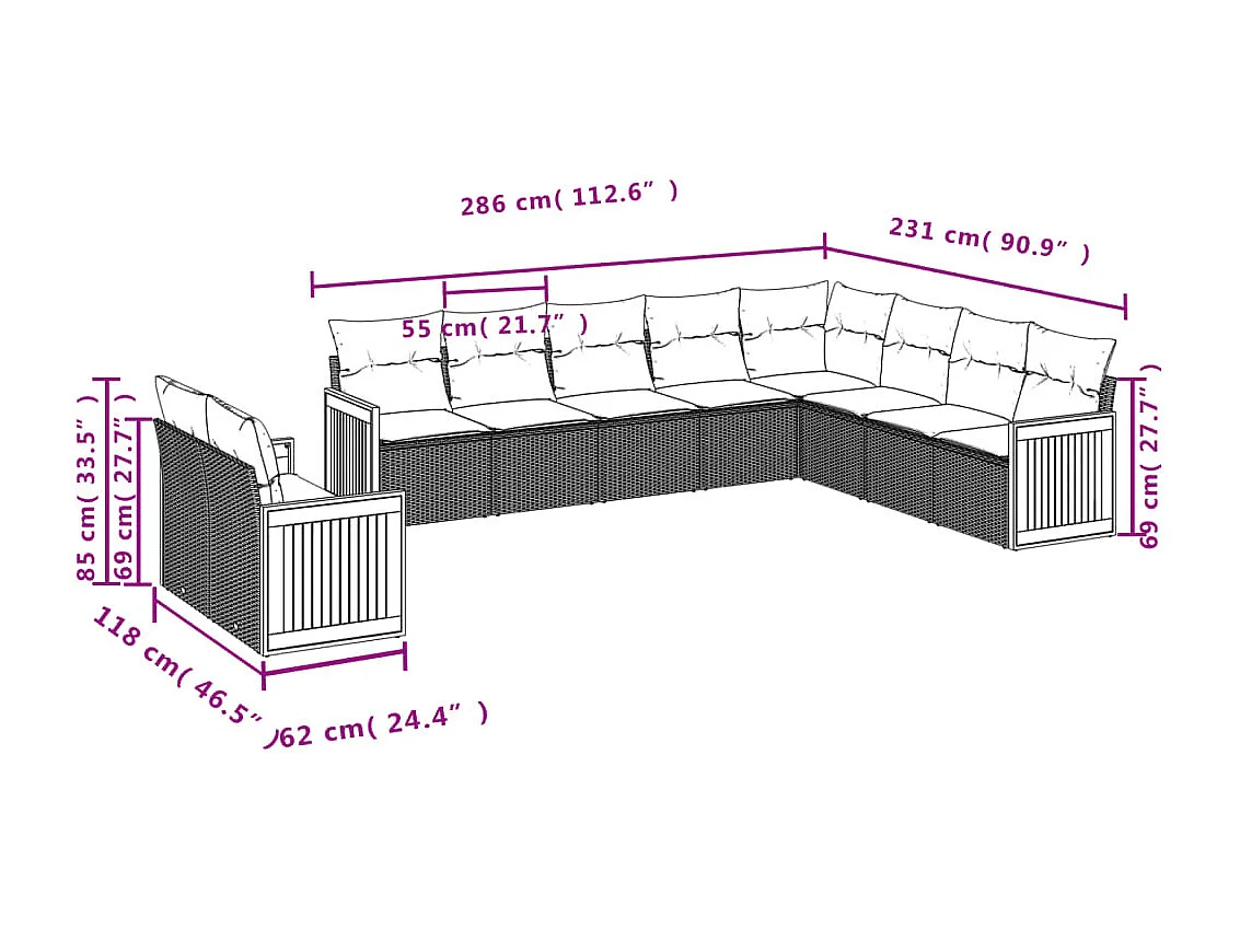Salon de jardin 10 pcs avec coussins noir résine tressée