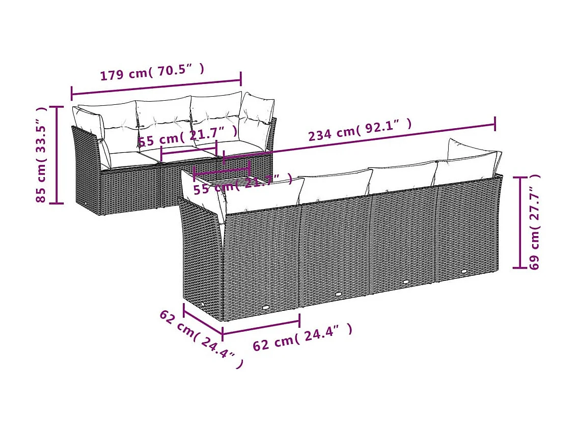 Salon de jardin 8 pcs avec coussins gris résine tressée