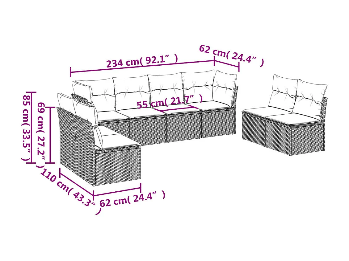 Salon de jardin avec coussins 8 pcs beige résine tressée