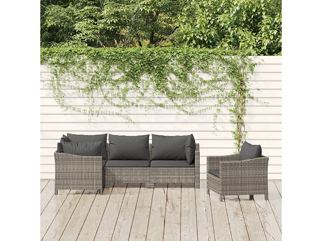 Salon de jardin 5 pcs avec coussins Gris Résine tressée