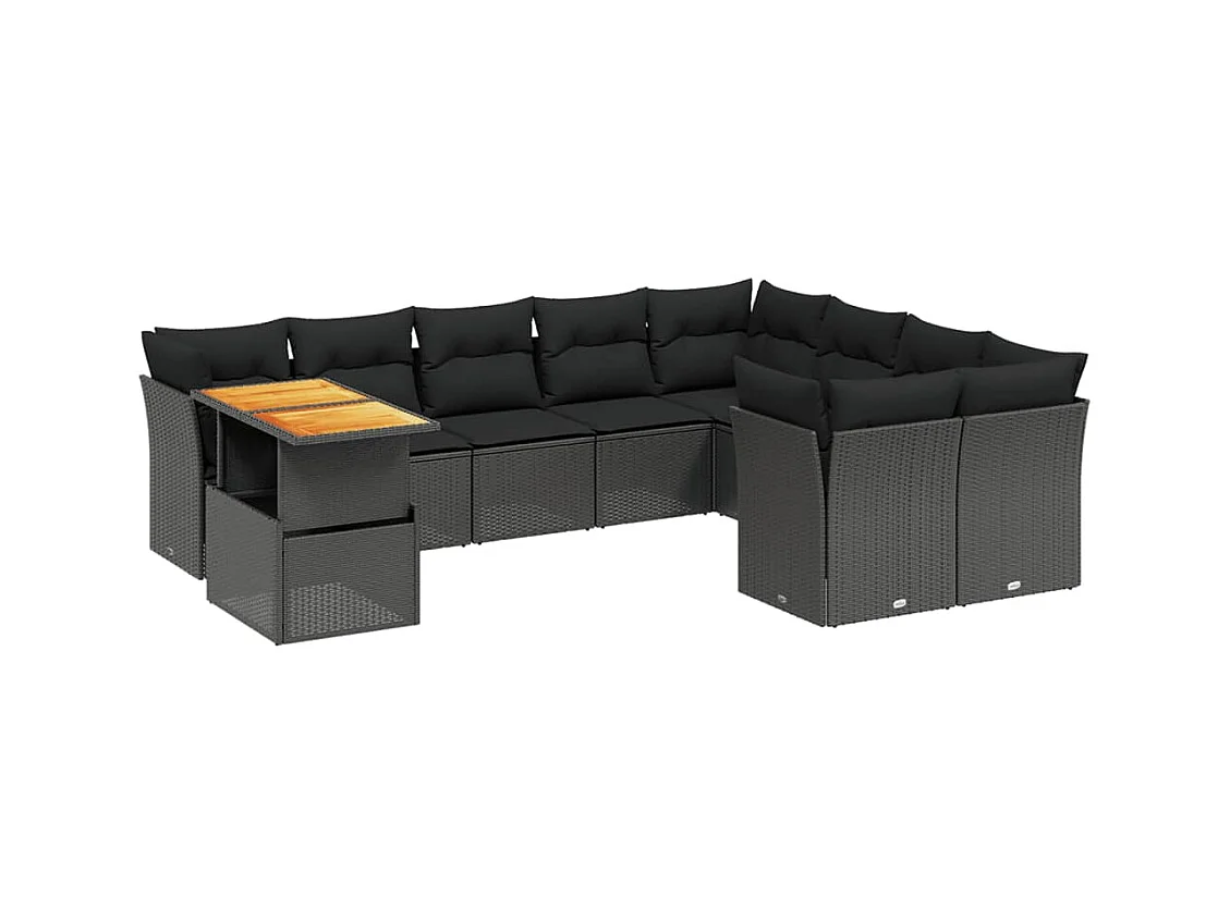 Salon de jardin 10 pcs avec coussins noir résine tressée