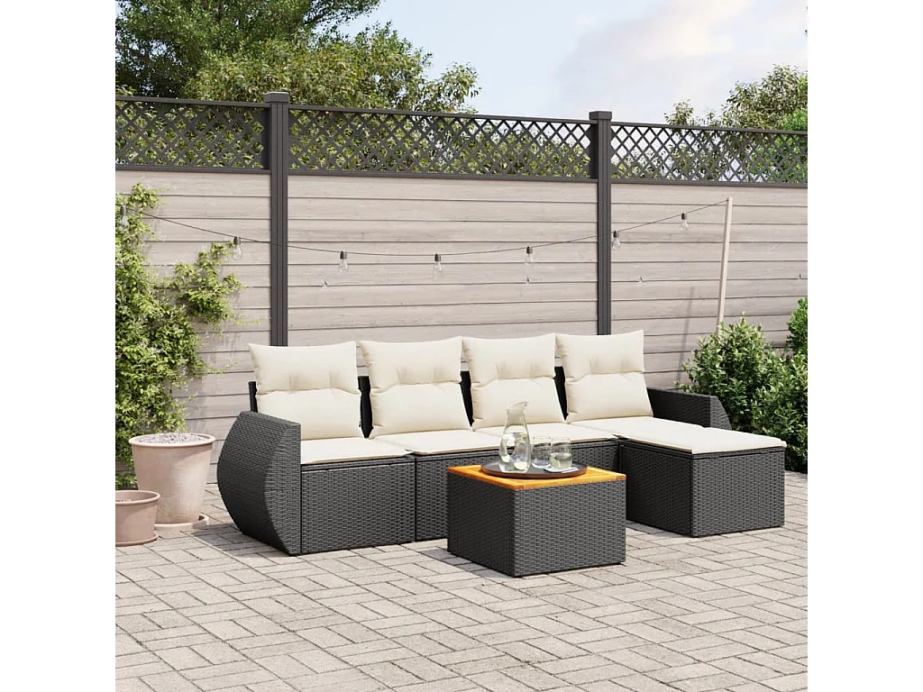 Salon de jardin 6 pcs avec coussins noir résine tressée
