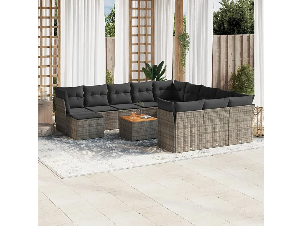 Salon de jardin avec coussins 13 pcs gris résine tressée