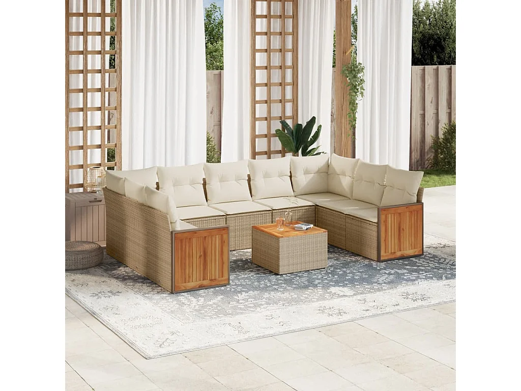 Salon de jardin avec coussins 10 pcs beige résine tressée
