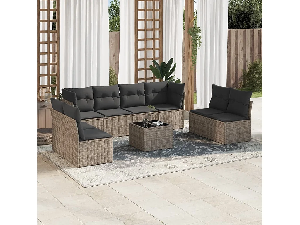Salon de jardin 9 pcs avec coussins gris résine tressée