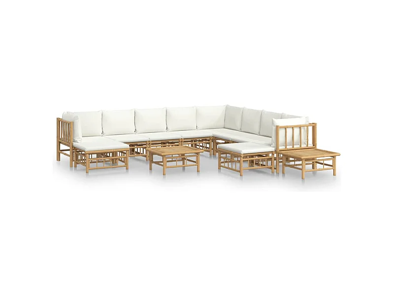 Salon de jardin 12 pcs avec coussins blanc crème bambou