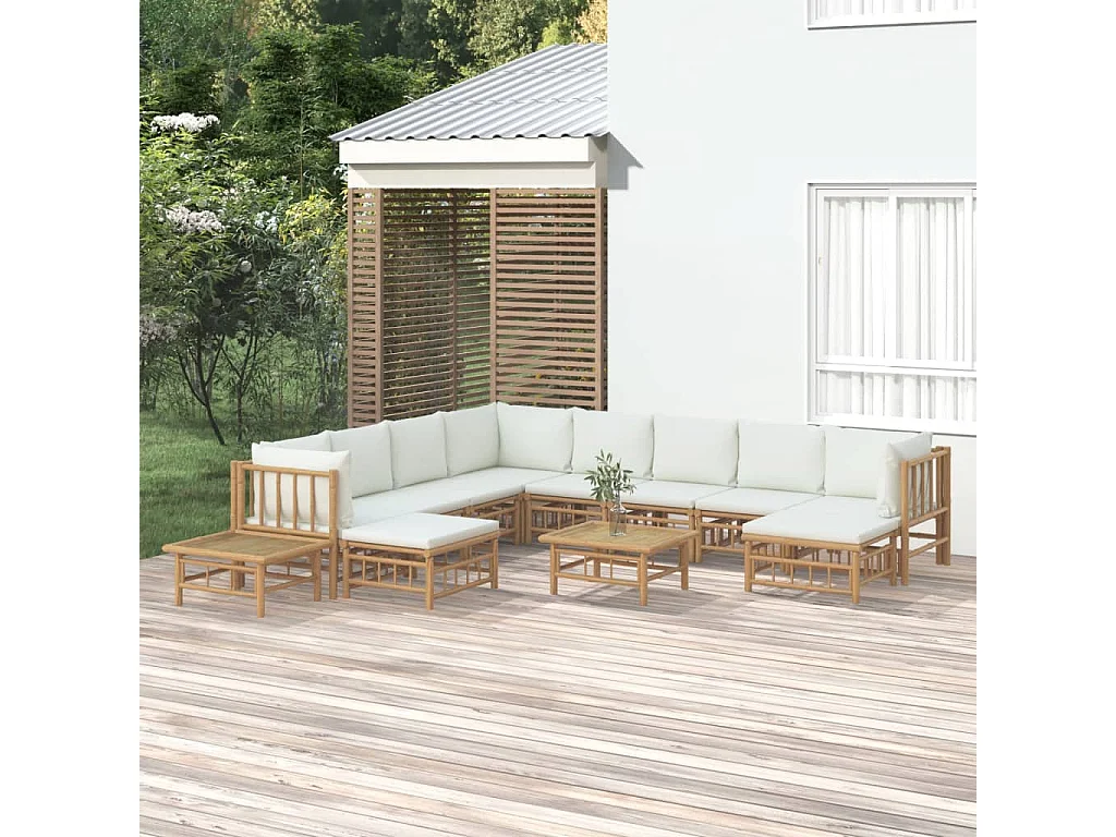 Salon de jardin 12 pcs avec coussins blanc crème bambou