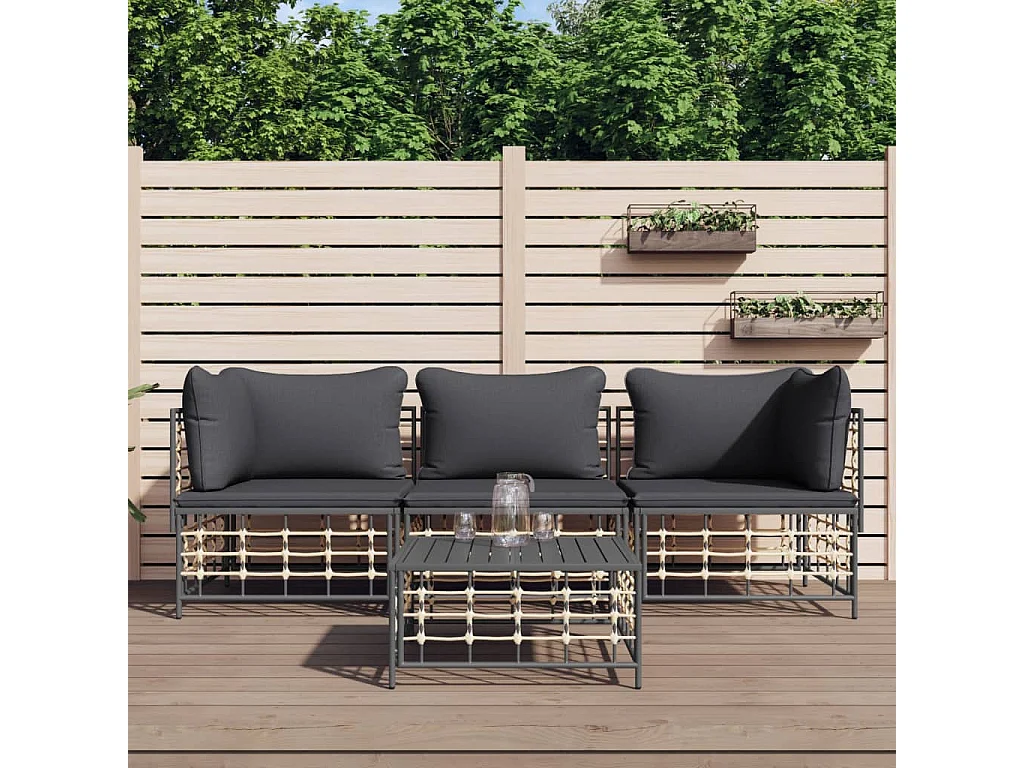 Salon de jardin 4 pcs avec coussins anthracite résine tressée