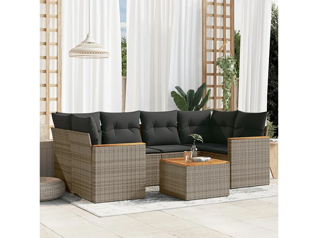 Salon de jardin avec coussins 7 pcs gris résine tressée
