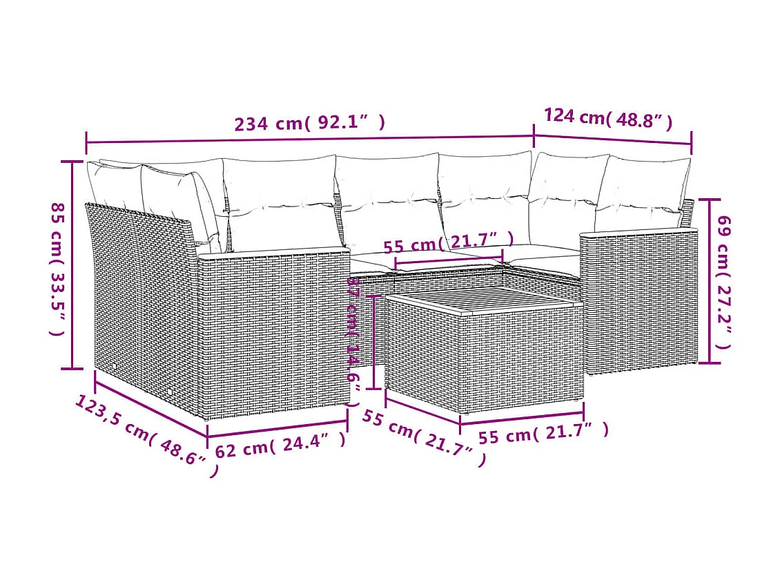 Salon de jardin avec coussins 7 pcs gris résine tressée