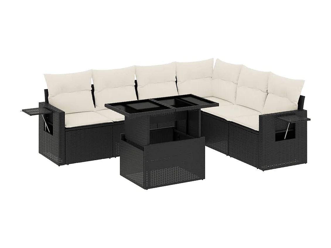 Salon de jardin 7 pcs avec coussins noir résine tressée