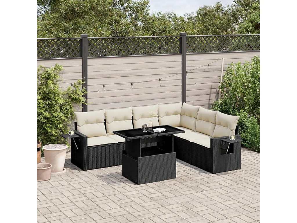 Salon de jardin 7 pcs avec coussins noir résine tressée
