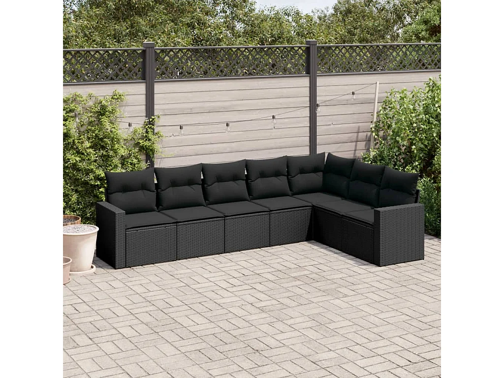 Salon de jardin 7 pcs avec coussins noir résine tressée