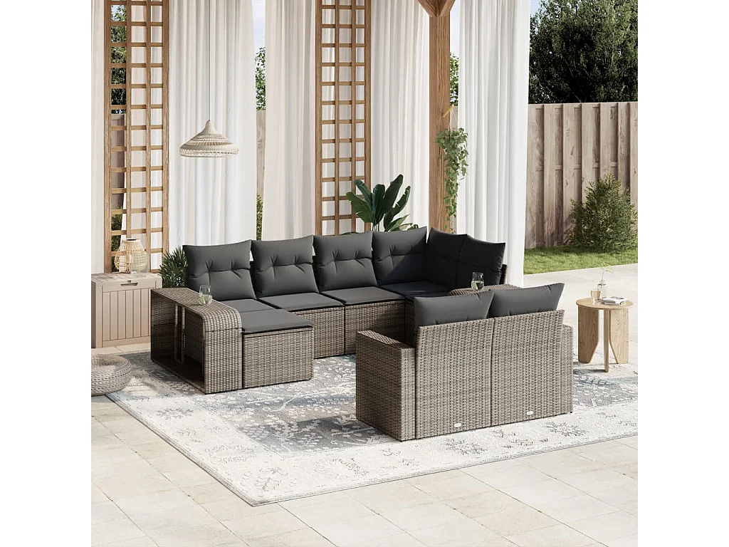 Salon de jardin avec coussins 10 pcs gris résine tressée