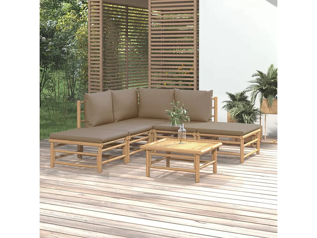 Salon de jardin 6 pcs avec coussins taupe bambou