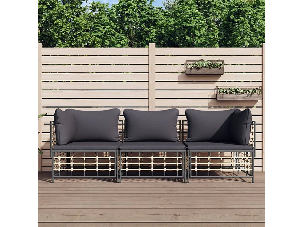 Salon de jardin 3 pcs avec coussins anthracite résine tressée