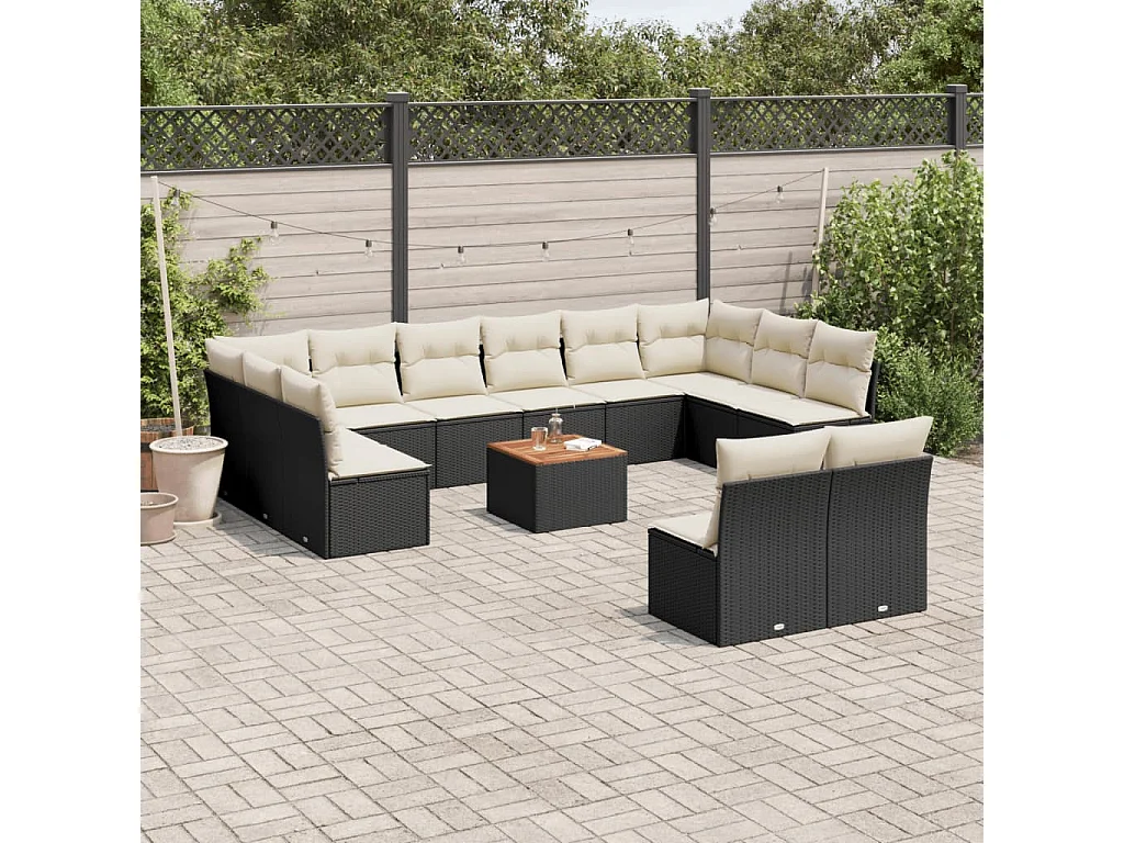 Salon de jardin avec coussins 13 pcs noir résine tressée