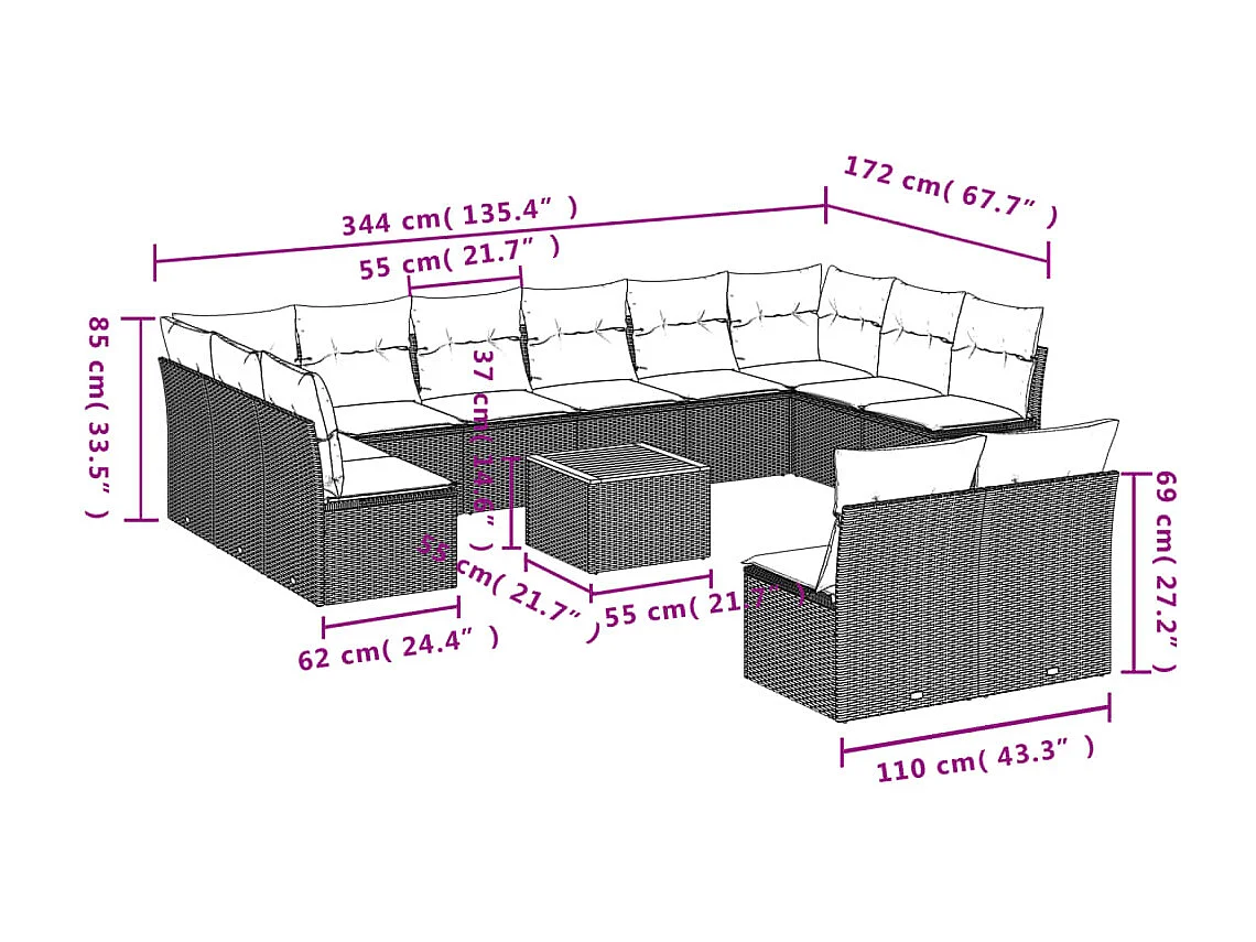 Salon de jardin avec coussins 13 pcs noir résine tressée