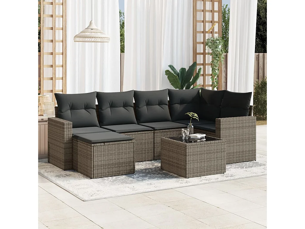 Salon de jardin avec coussins 7 pcs gris résine tressée
