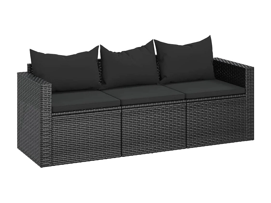 Canapé de jardin à 3 places avec coussins noir résine tressée