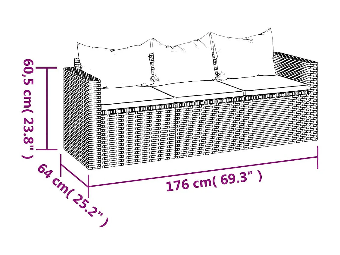 Canapé de jardin à 3 places avec coussins noir résine tressée