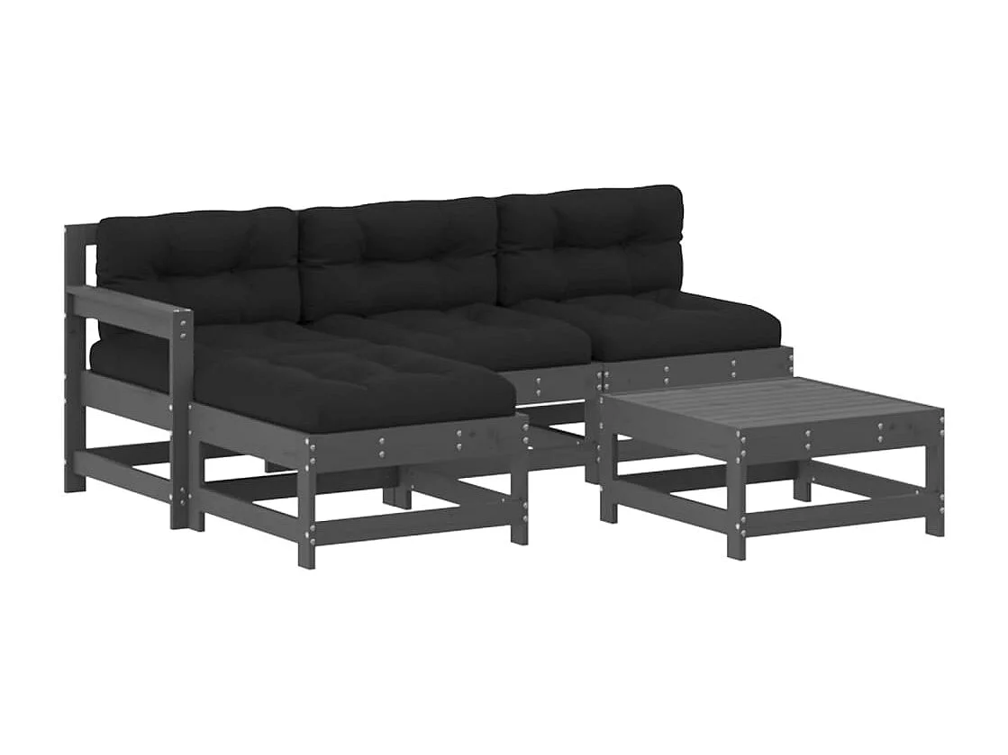 Salon de jardin 5 pcs avec coussins gris bois massif