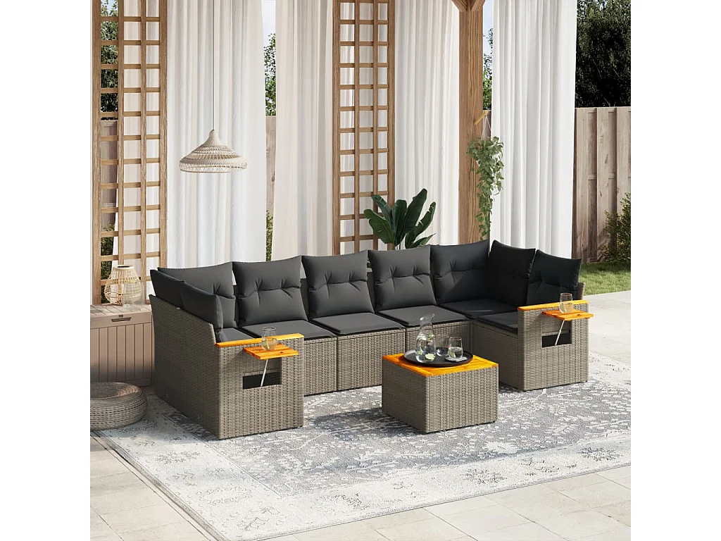Salon de jardin 8 pcs avec coussins gris résine tressée