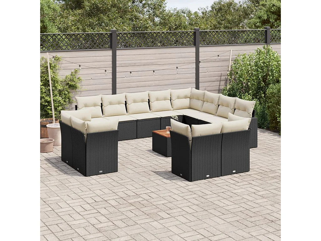 Salon de jardin avec coussins 13 pcs noir résine tressée