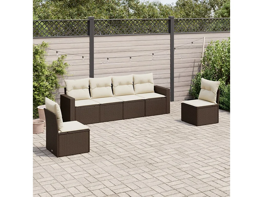 Salon de jardin avec coussins 6 pcs marron résine tressée