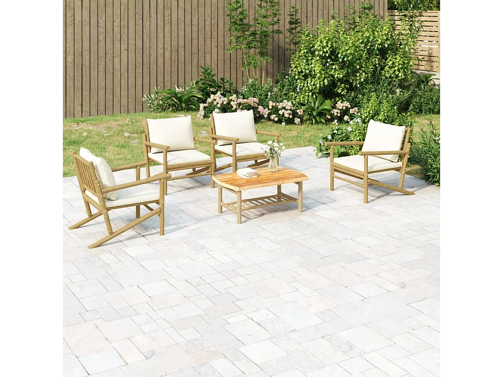 Salon de jardin 5 pcs avec coussins blanc crème bambou