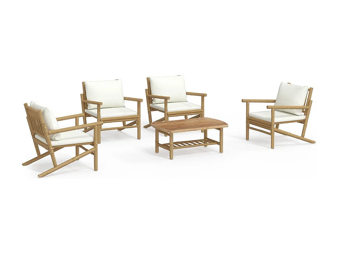 Salon de jardin 5 pcs avec coussins blanc crème bambou