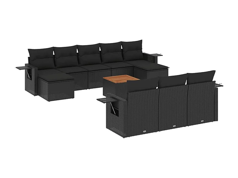 Salon de jardin 11 pcs avec coussins noir résine tressée