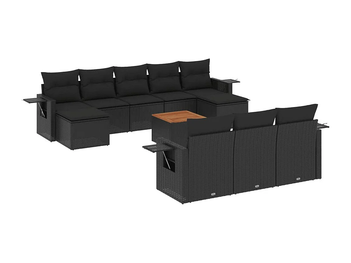 Salon de jardin 11 pcs avec coussins noir résine tressée
