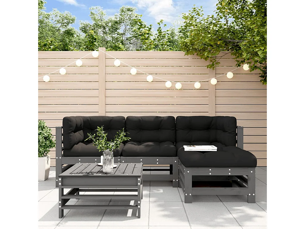 Salon de jardin 5 pcs avec coussins gris bois massif