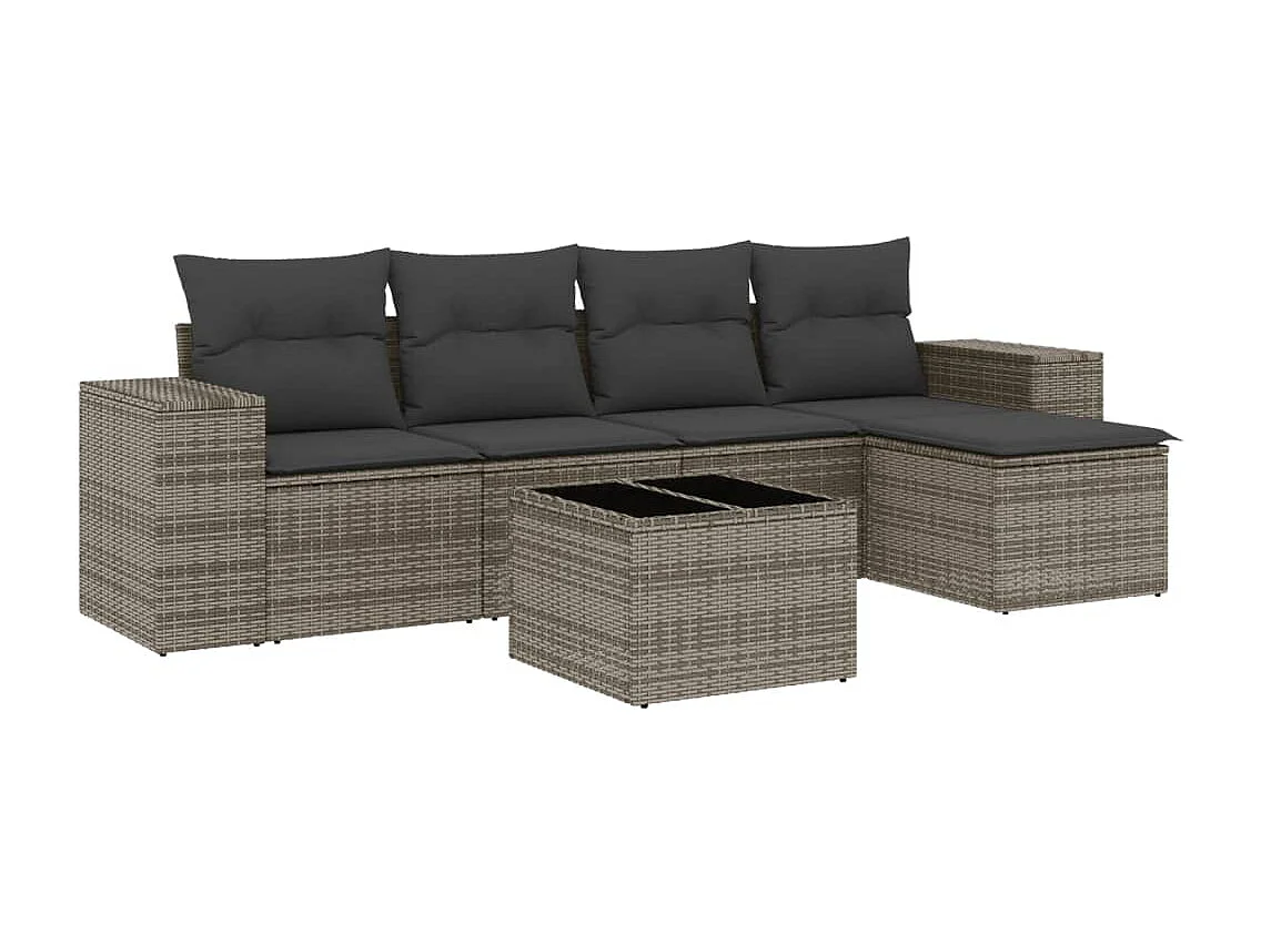 Salon de jardin 6 pcs avec coussins gris résine tressée