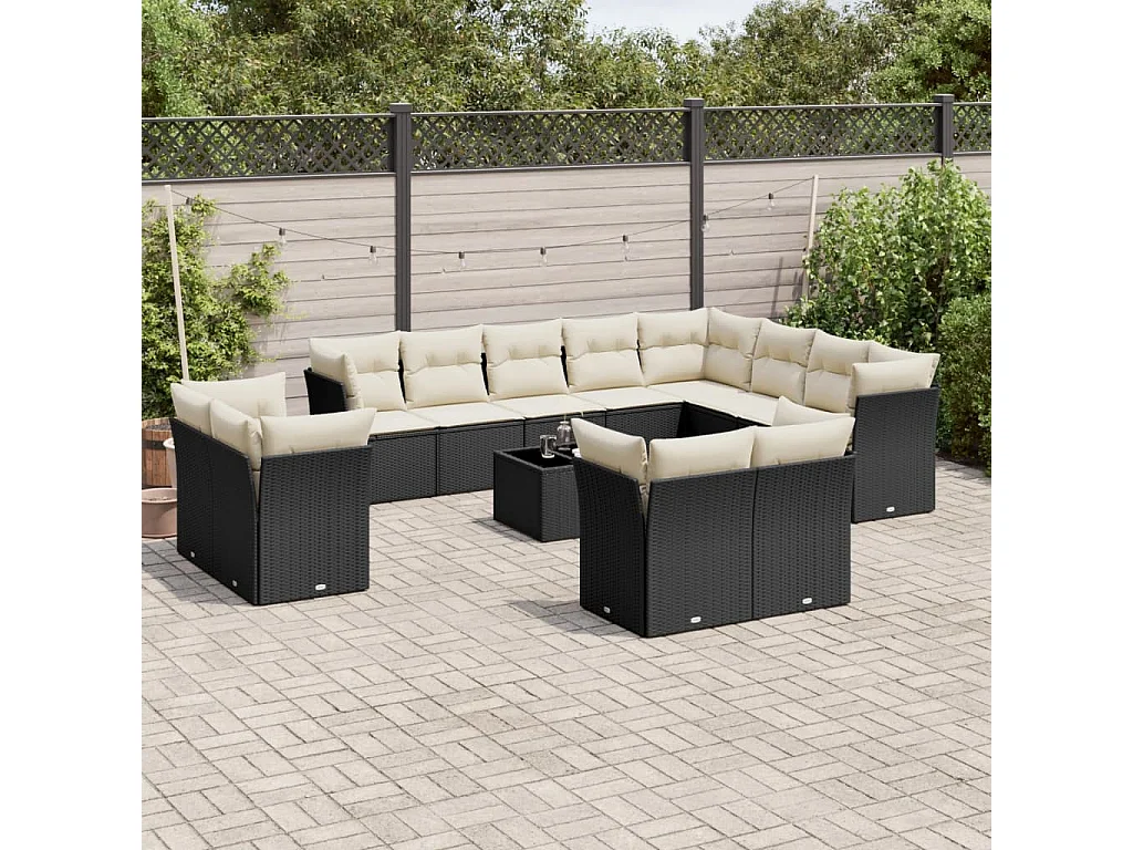 Salon de jardin avec coussins 13 pcs noir résine tressée