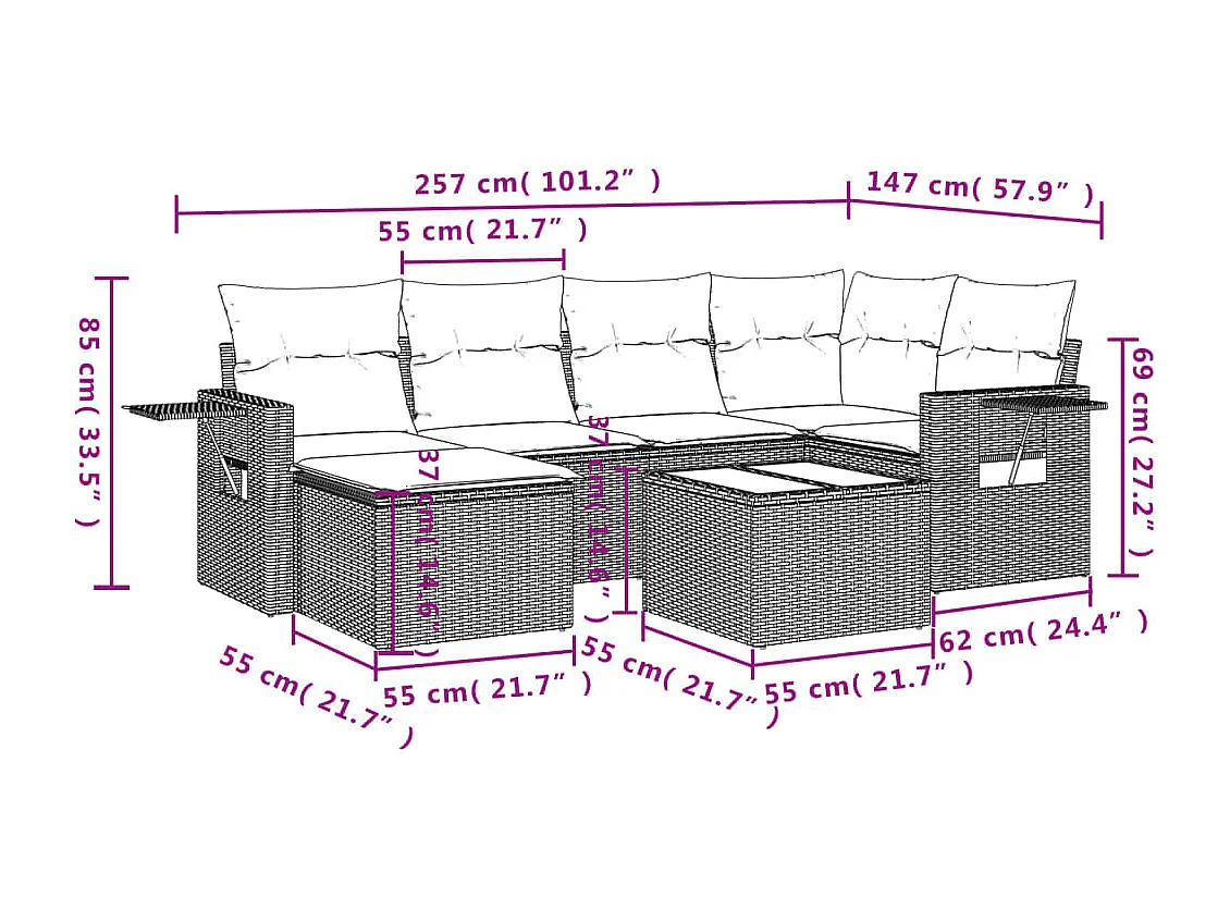 Salon de jardin avec coussins 7 pcs gris résine tressée