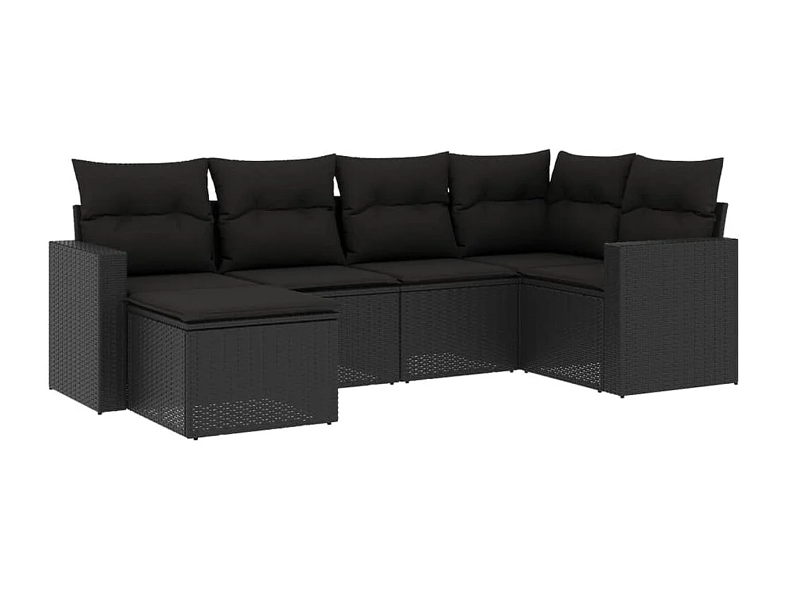 Salon de jardin 6 pcs avec coussins noir résine tressée