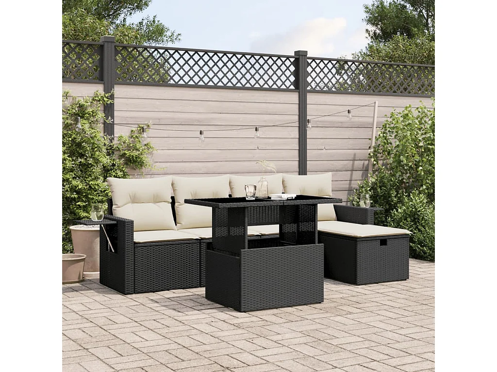 Salon de jardin 6 pcs avec coussins noir résine tressée