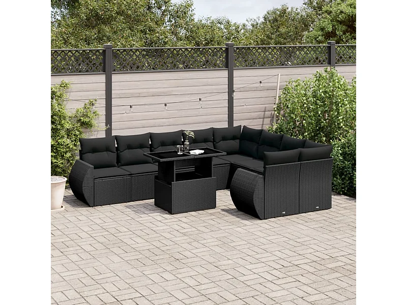Salon de jardin 10 pcs avec coussins noir résine tressée
