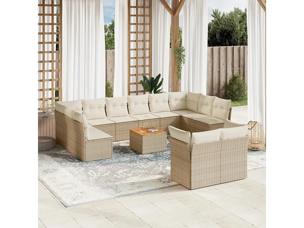 Salon de jardin avec coussins 13 pcs beige résine tressée