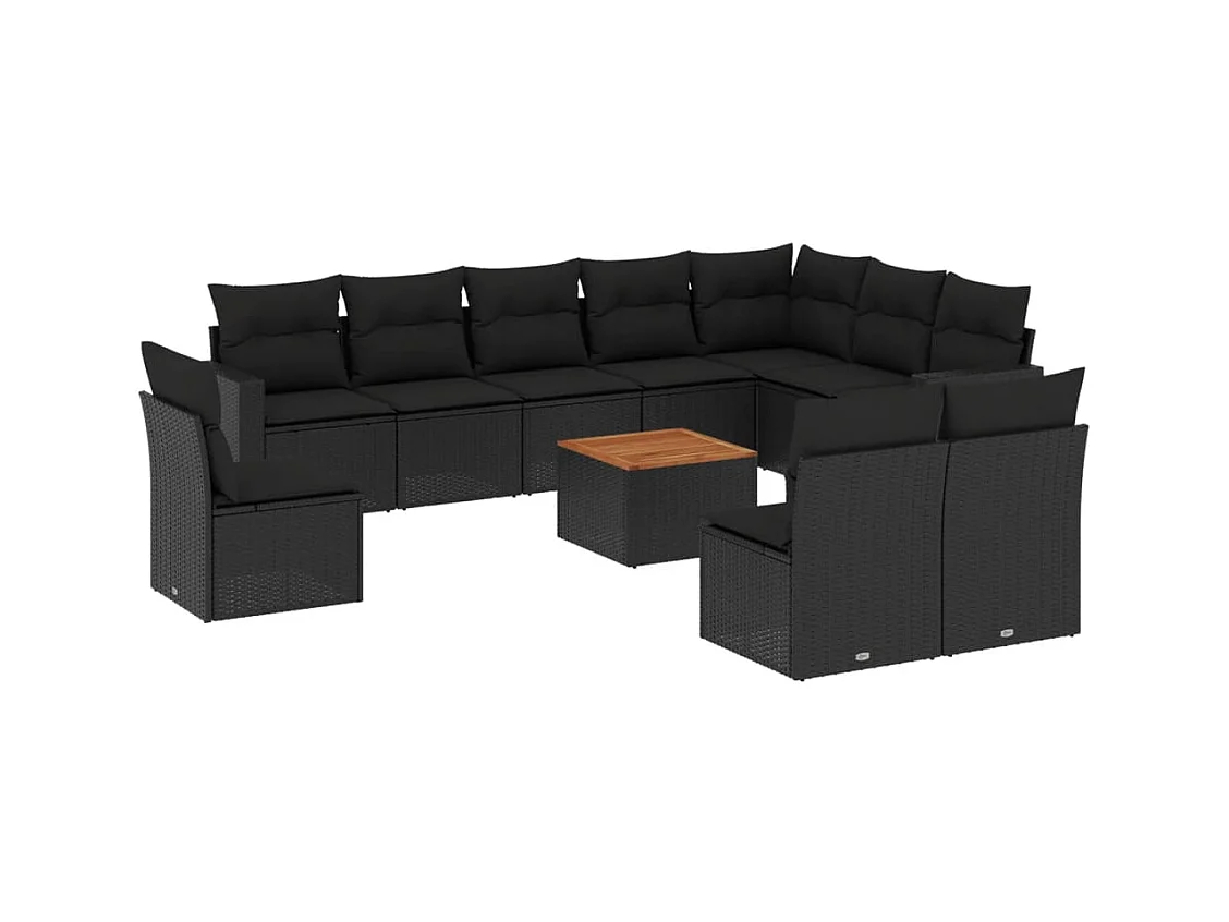 Salon de jardin 11 pcs avec coussins noir résine tressée