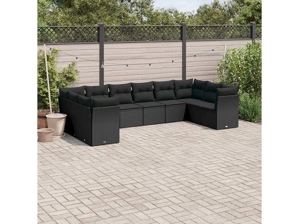 Salon de jardin 10 pcs avec coussins noir résine tressée