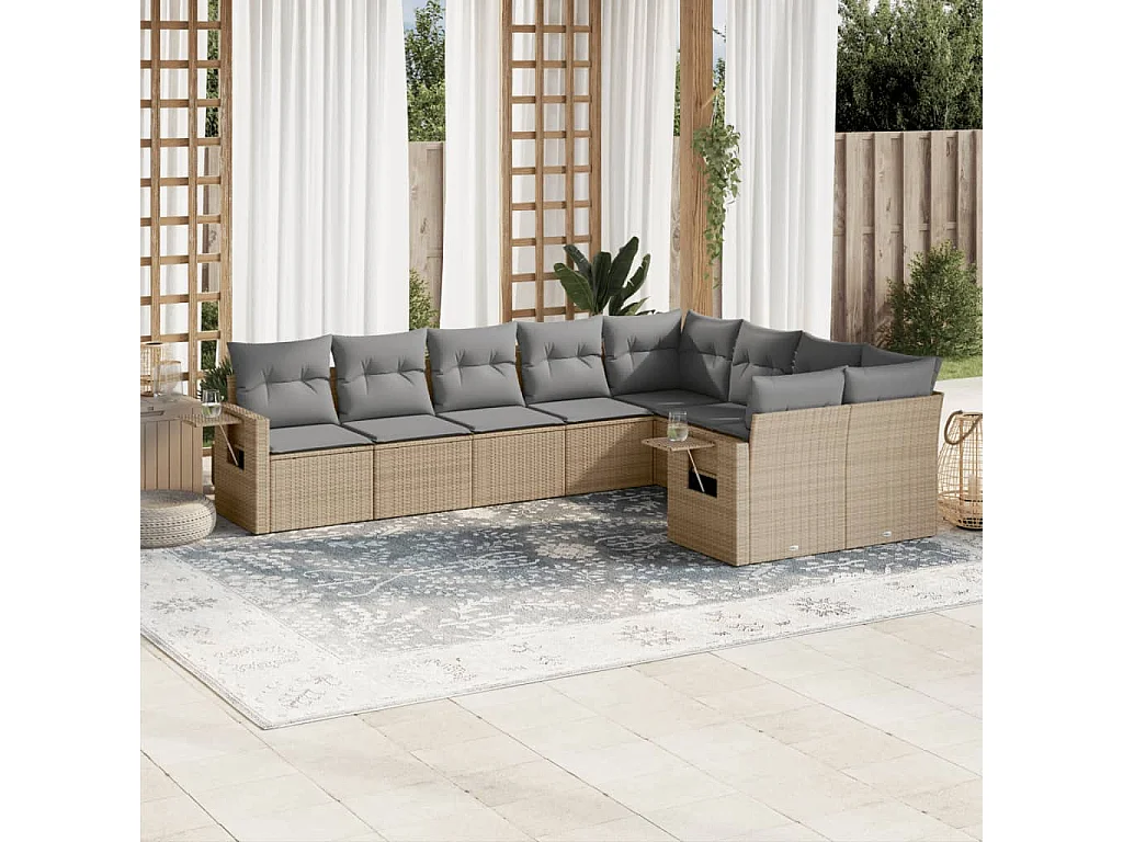 Salon de jardin avec coussins 9 pcs beige résine tressée