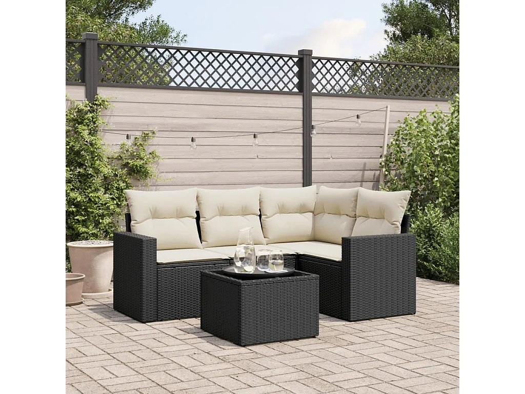 Salon de jardin 5 pcs avec coussins noir résine tressée