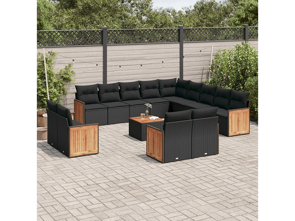 Salon de jardin avec coussins 14 pcs noir résine tressée