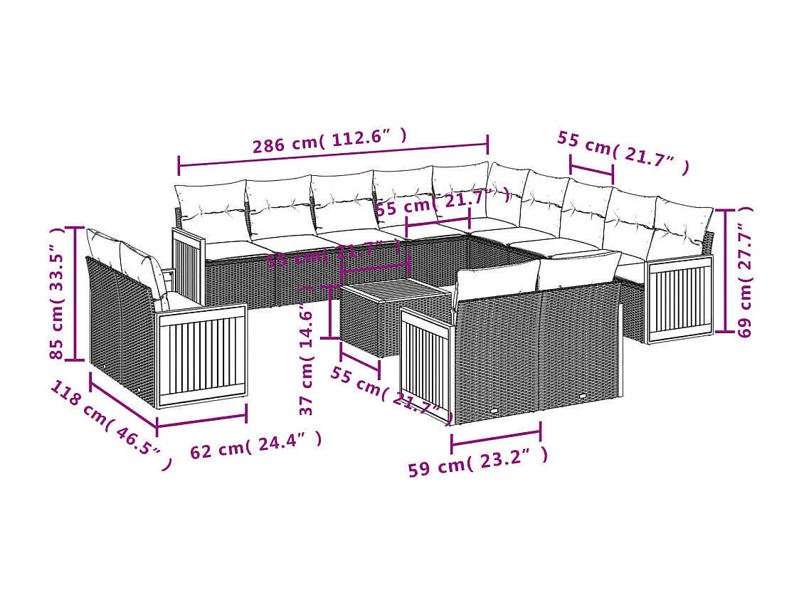 Salon de jardin avec coussins 14 pcs noir résine tressée