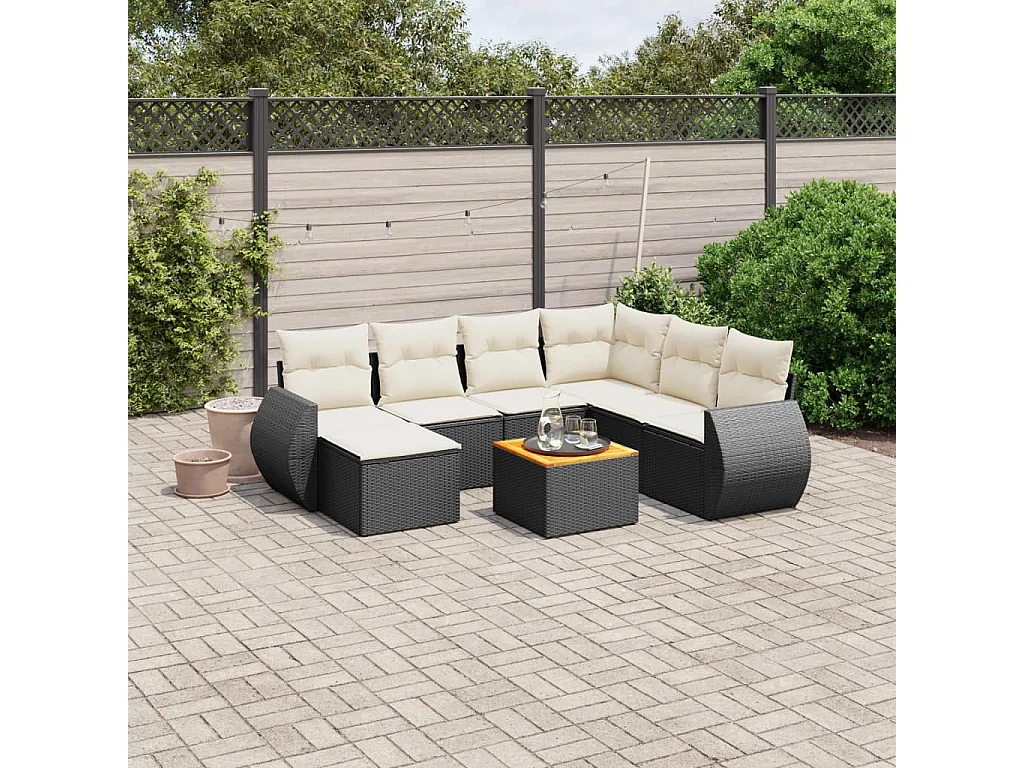 Salon de jardin 8 pcs avec coussins noir résine tressée